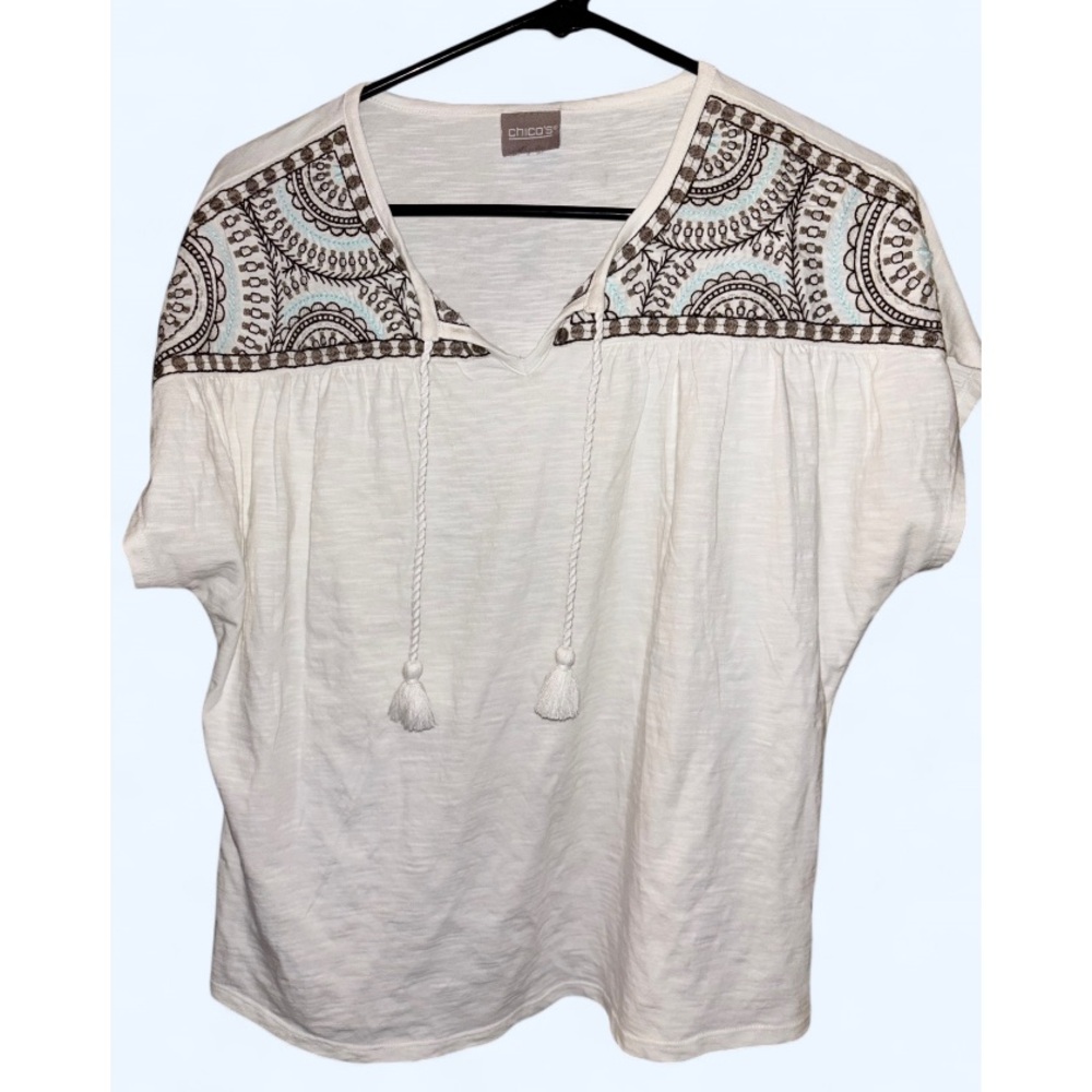 Chico's White and Brown Embroidered Blouse